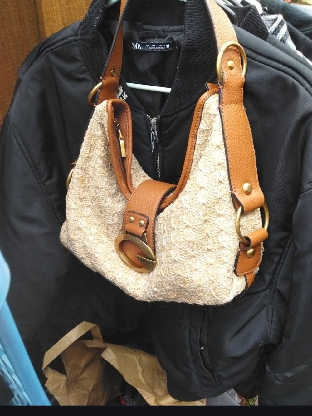 Guess Cream Woven Hobo with Tan Leather Trim